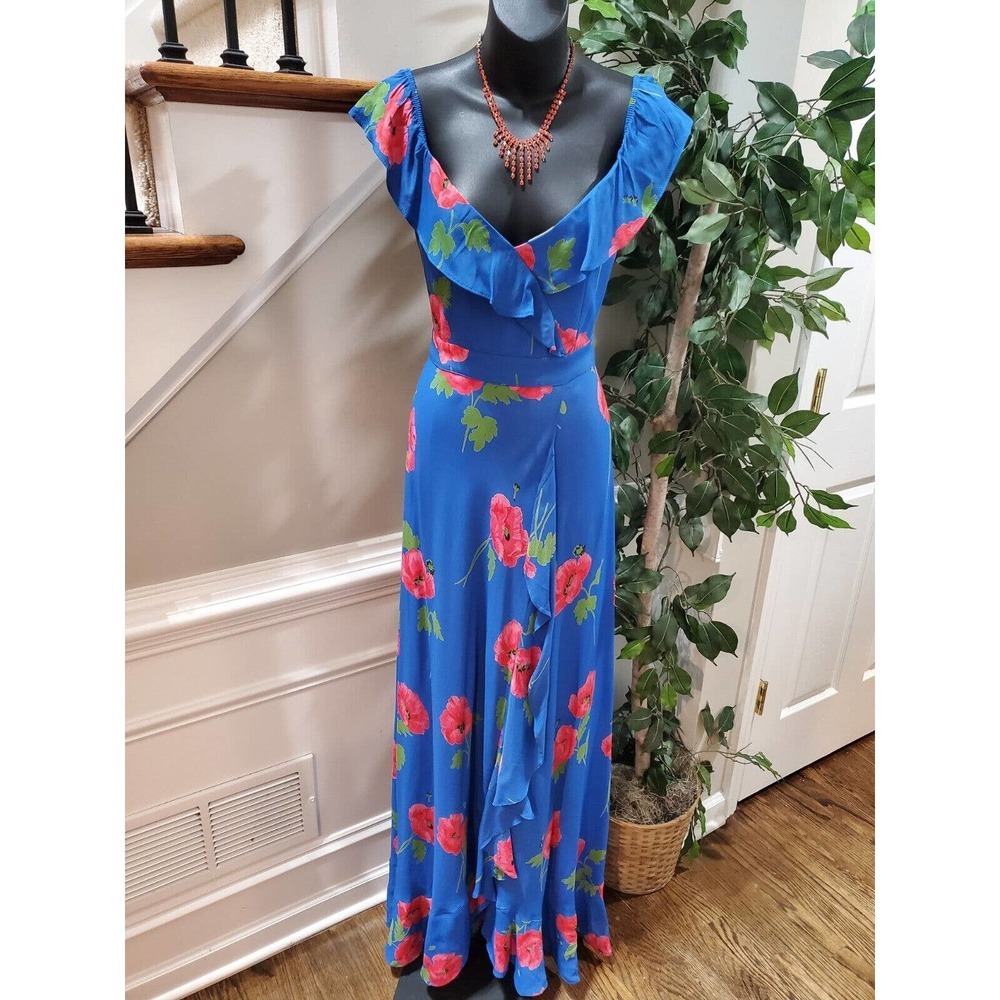 FLYNN SKYE Women‎ Blue Floral Polyester V-Neck Sleeveless Long Maxi Dress Size M